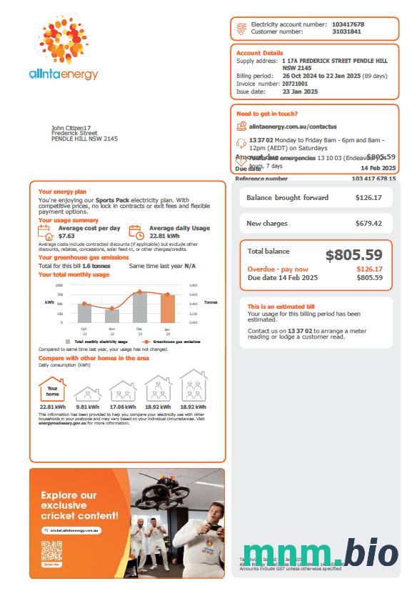 Australia Alinta Energy rachunek za media szablon w formacie Word i PDF, Wersja 2